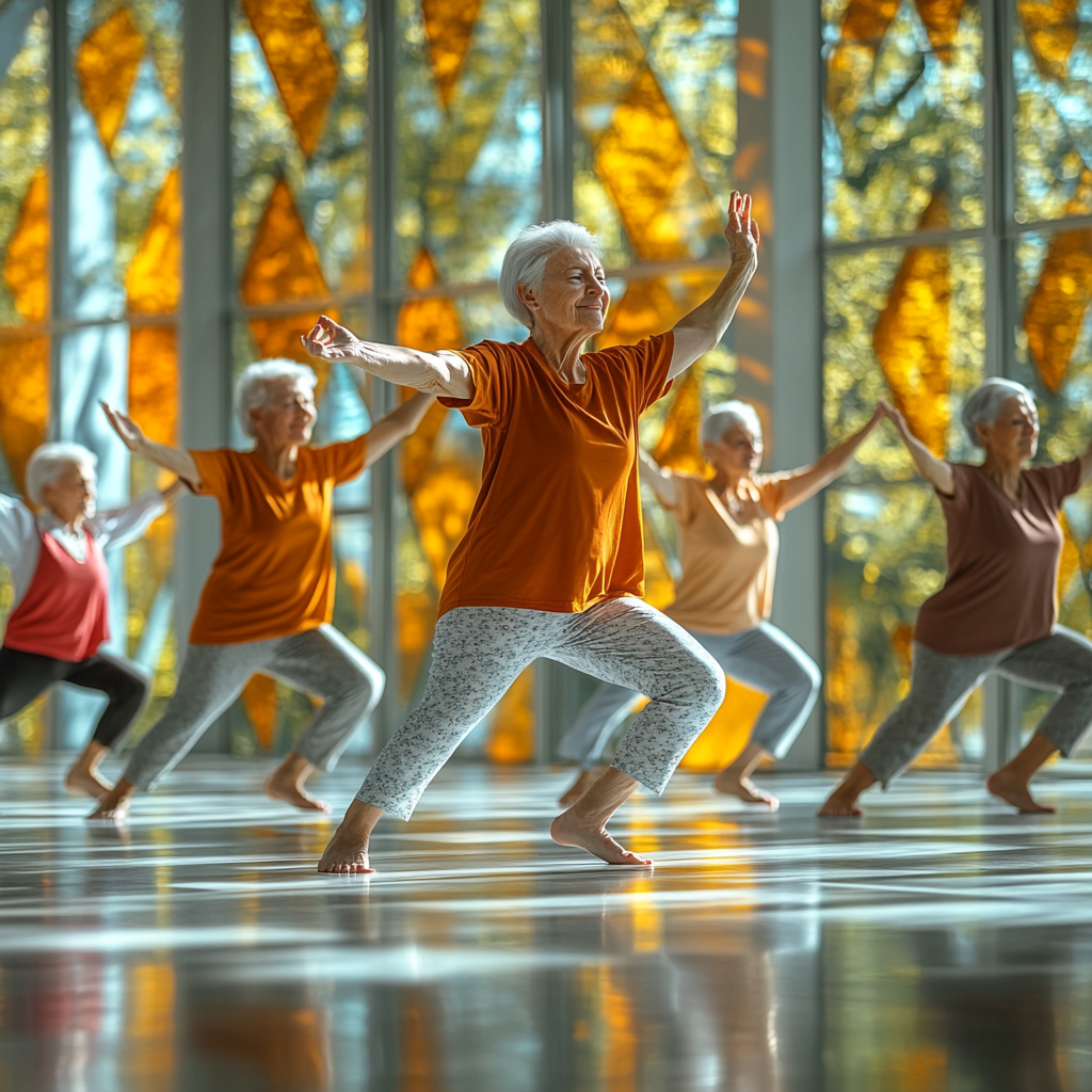 Група старших людей практикує йогу